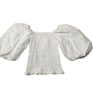 Maeve Anthropologie White Smocked Puff Sleeve Top Cotton Square Neck Small